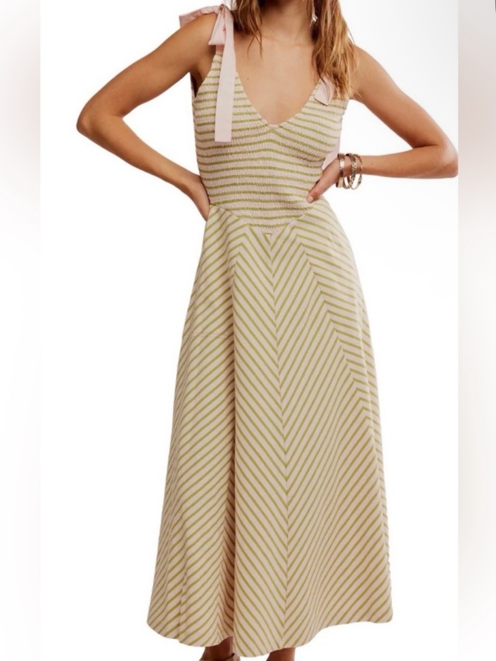 Free People Striped Tie-Shoulder Maxi Dress in Pink and Light Green
